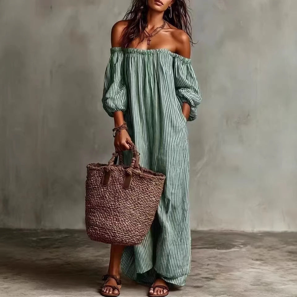 Spring And Summer Women's Striped Off-Shoulder Long Dress