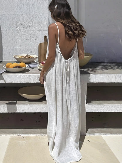 Polyester Solid Color Ruched Backless Strap Long Dress