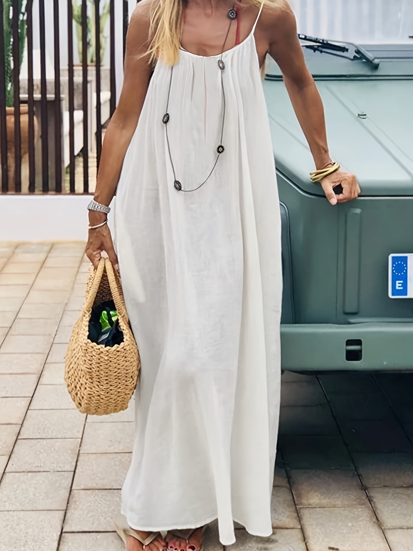 Polyester Solid Color Ruched Backless Strap Long Dress